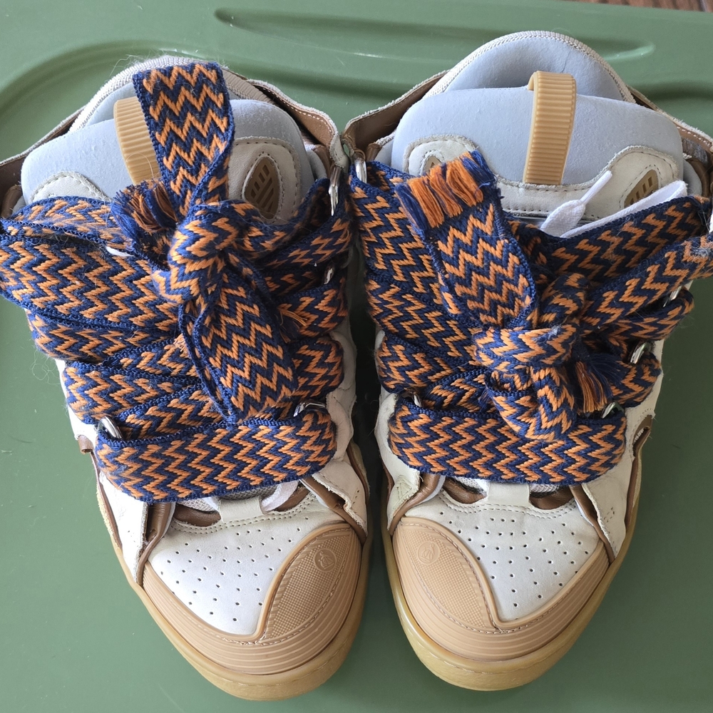 Lanvin Blue and Orange High-Top Sneakers with Unique Lacing
